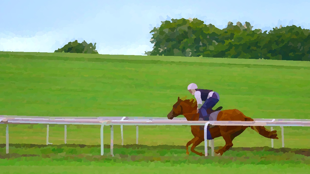 Processed photograph of racehorse galloping at Newmarket